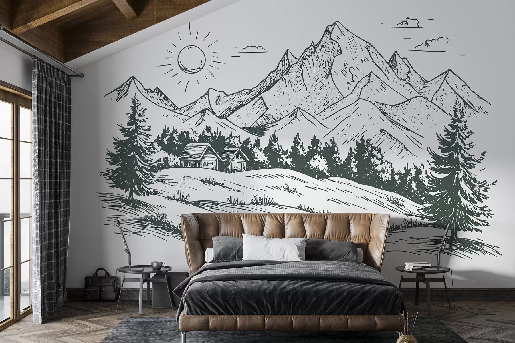 fototapeter Fjelltegning, naturlandskap, skog, trehus, grønn farge w03347