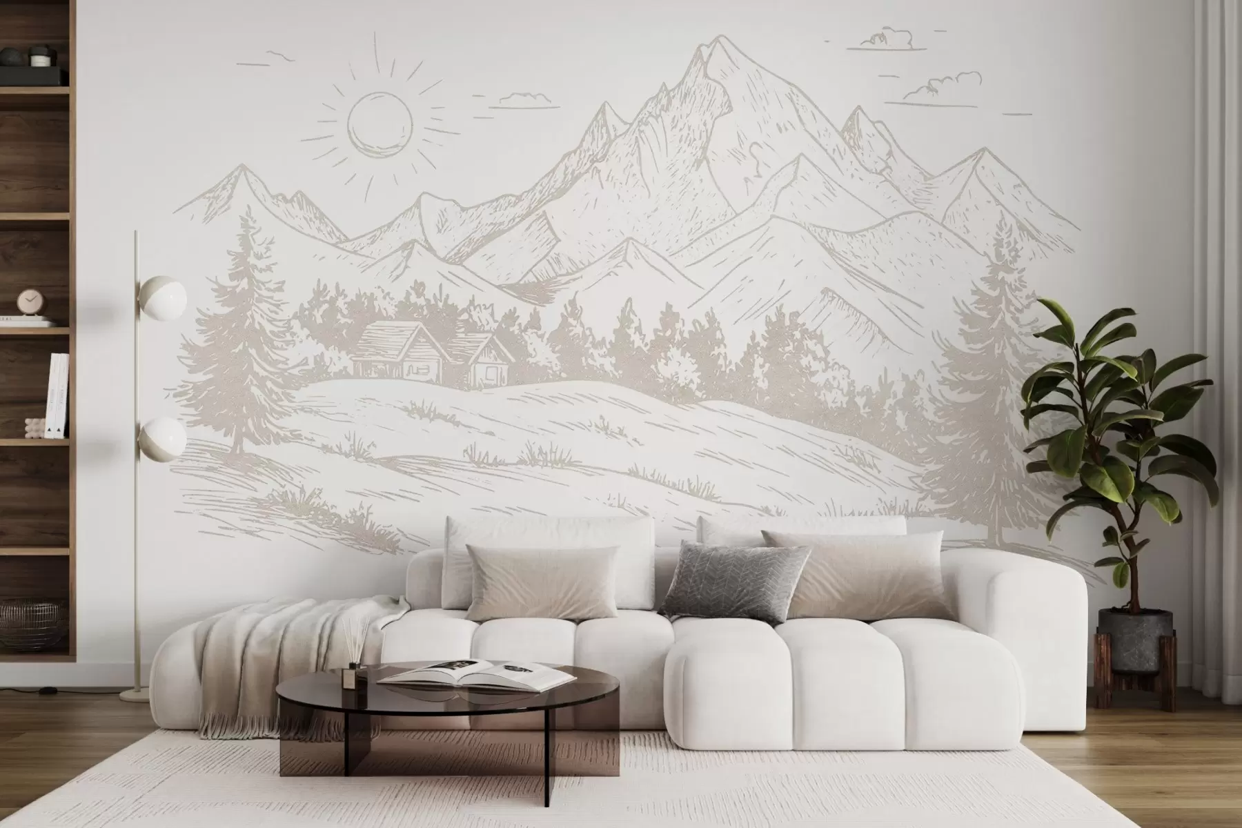 fototapeter Fjelltegning, naturlandskap, skog, trehus, beige farge w03348