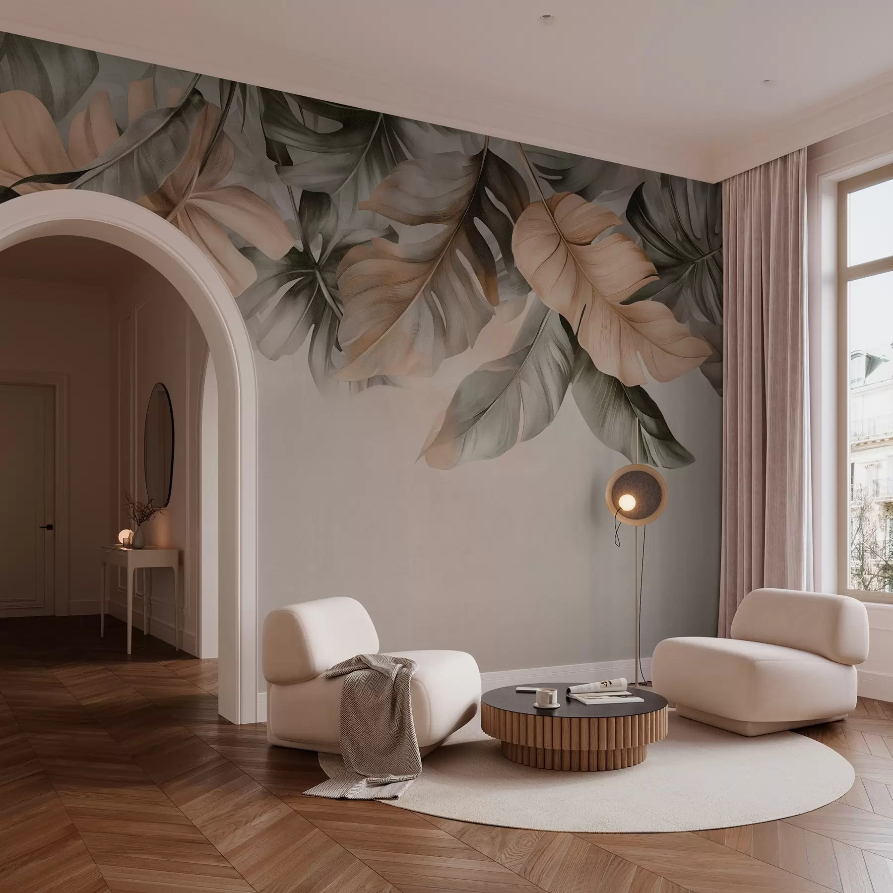 fototapeter Tropiske blader som henger fra toppen, på en strukturert bakgrunn w03290