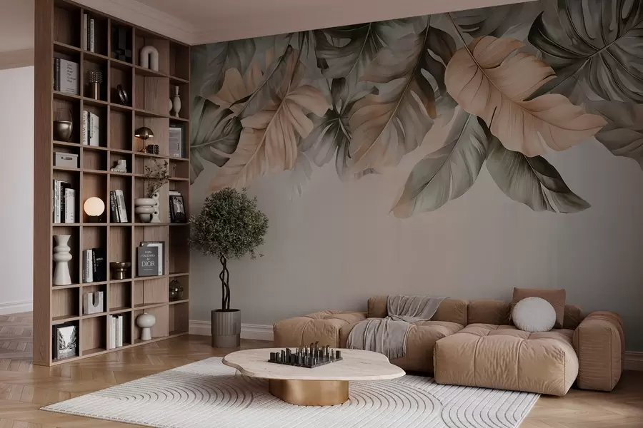 fototapeter Tropiske blader som henger fra toppen, på en strukturert bakgrunn w03290