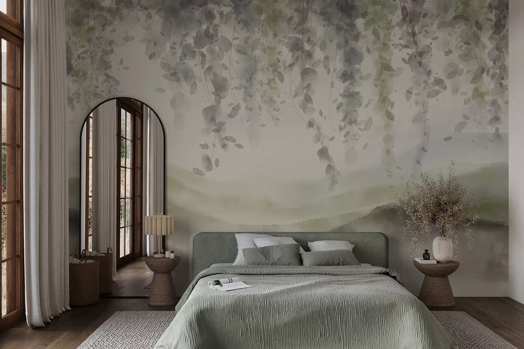 fototapeter Blåregnblader som henger over blå fjell, myke pastellgrønne og beige farger, landskap i akvarellstil w08909v2