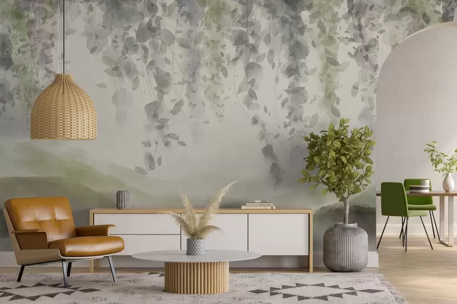 fototapeter Blåregnblader som henger over blå fjell, myke pastellgrønne og beige farger, landskap i akvarellstil w08909v2