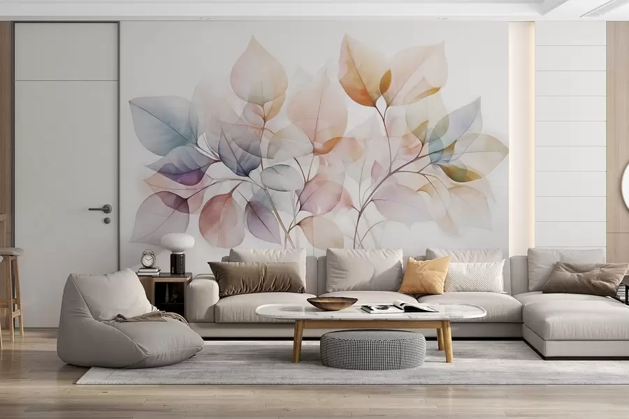 fototapeter Akvarellmaleri av gjennomskinnelige blader i pastellfarger, med nyanser av rosa, hvitt, lilla og blått w08910
