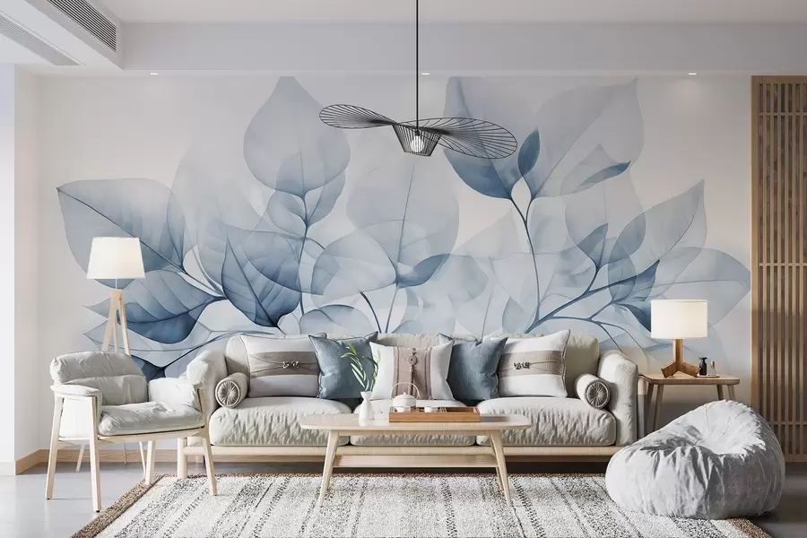 fototapeter Akvarellmaleri av gjennomskinnelige blader i pastellfarger, med nyanser av hvitt og blått w08910v1