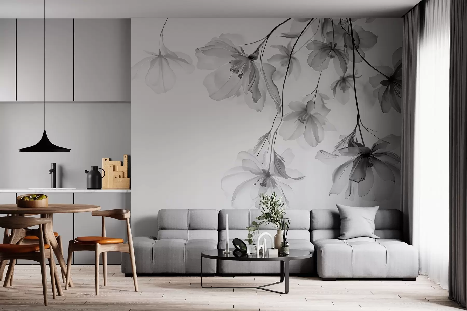 fototapeter Sorte blomster med gjennomskinnelige kronblader som henger fra en gren, svart-hvitt, minimalistisk moderne kunstkomposisjon w08911