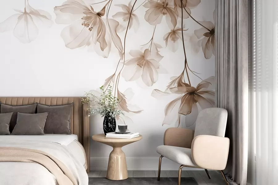 fototapeter Beige blomster med gjennomskinnelige kronblader som henger fra en gren, beige og hvit, minimalistisk moderne kunstkomposisjon w08911v1