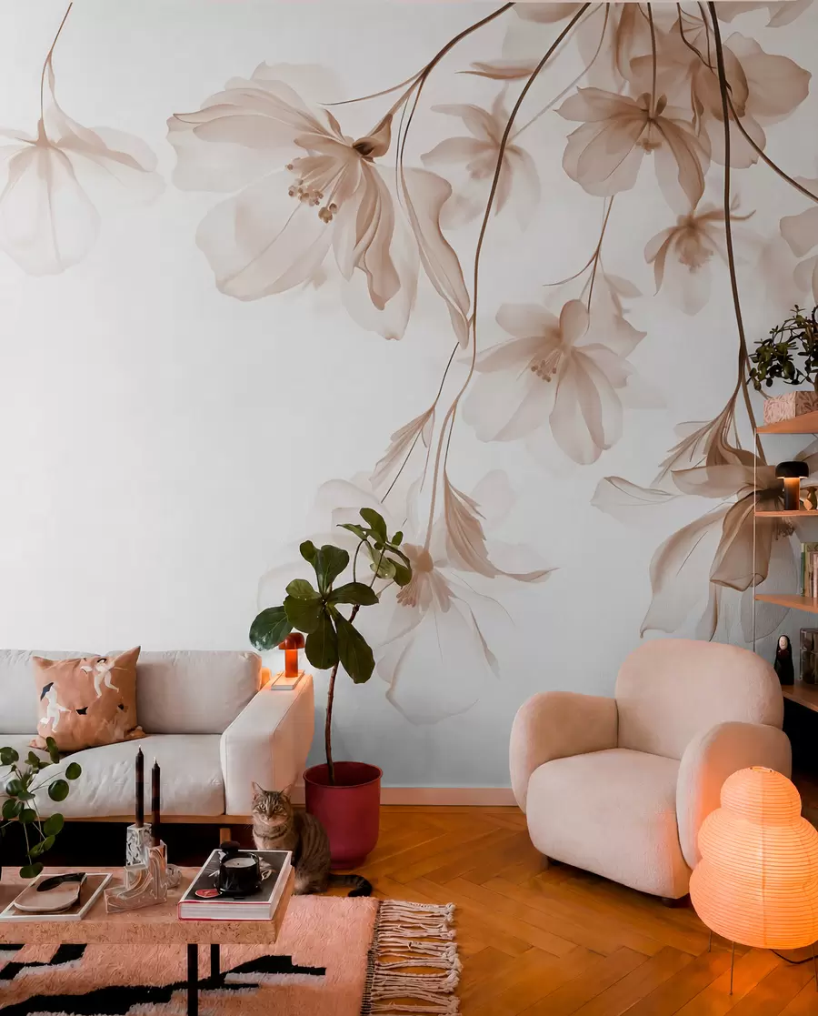 fototapeter Beige blomster med gjennomskinnelige kronblader som henger fra en gren, beige og hvit, minimalistisk moderne kunstkomposisjon w08911v1