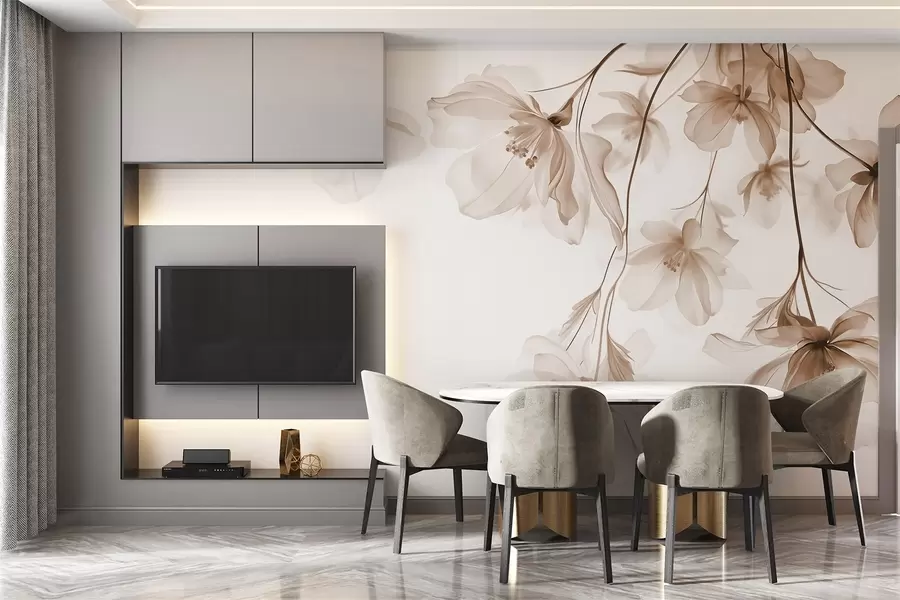 fototapeter Beige blomster med gjennomskinnelige kronblader som henger fra en gren, beige og hvit, minimalistisk moderne kunstkomposisjon w08911v1