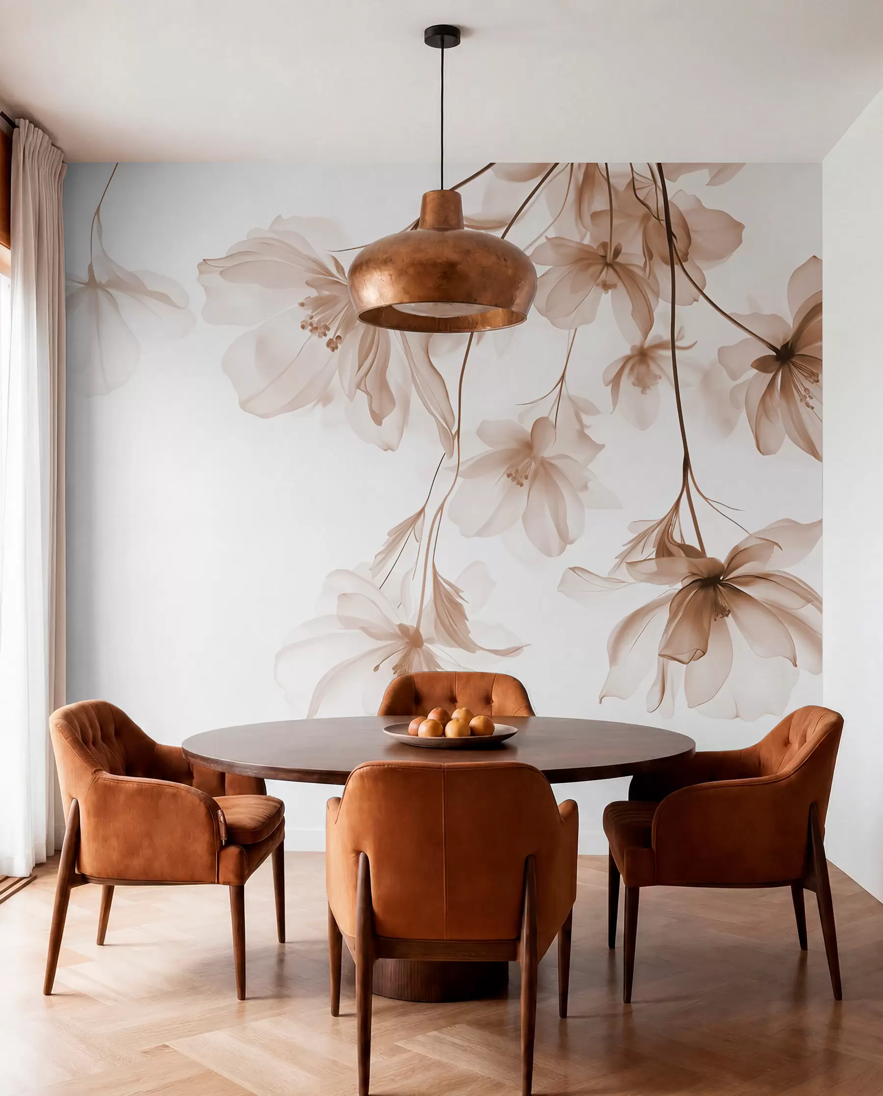 fototapeter Beige blomster med gjennomskinnelige kronblader som henger fra en gren, beige og hvit, minimalistisk moderne kunstkomposisjon w08911v1