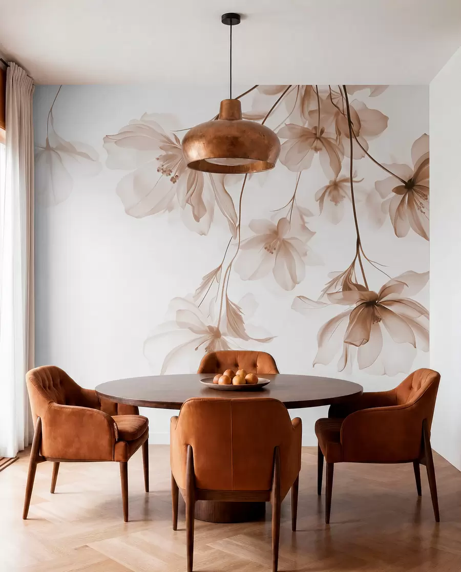 fototapeter Beige blomster med gjennomskinnelige kronblader som henger fra en gren, beige og hvit, minimalistisk moderne kunstkomposisjon w08911v1