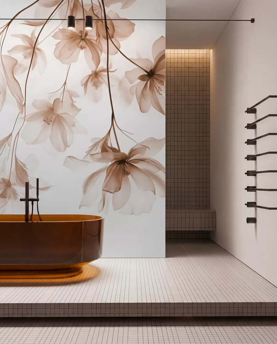 fototapeter Beige blomster med gjennomskinnelige kronblader som henger fra en gren, beige og hvit, minimalistisk moderne kunstkomposisjon w08911v1