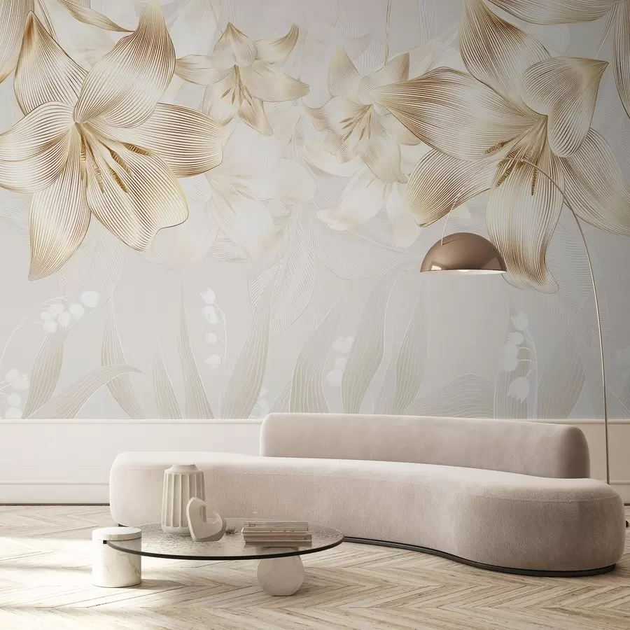fototapeter Gule liljer med intrikate strekdetaljer, elegant blomsteroppsats, nøytral fargepalett w08912