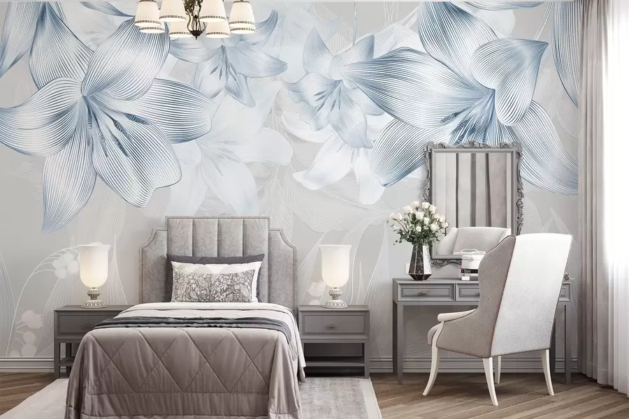 fototapeter Blå liljer med intrikate strekdetaljer, elegant blomsteroppsats, nøytral fargepalett w08912v1