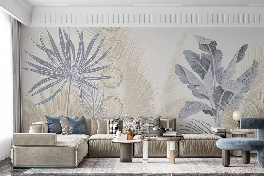 fototapeter Tropiske blader i blå og beige toner, palmeblader, bananblader og mandala-ornamenter, lys bakgrunn w08913v2
