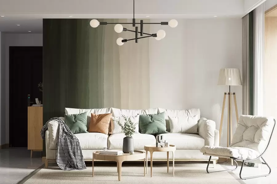fototapeter Abstrakt, minimalistisk gradienttrykk med vertikale striper i mørkegrønn, beige og hvit  w08915