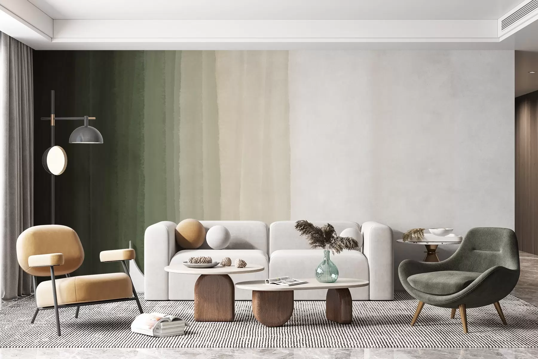 fototapeter Abstrakt, minimalistisk gradienttrykk med vertikale striper i mørkegrønn, beige og hvit  w08915