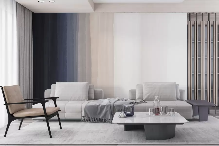fototapeter Abstrakt, minimalistisk gradienttrykk med vertikale striper i mørkeblått, lys fersken og hvitt  w08915v1