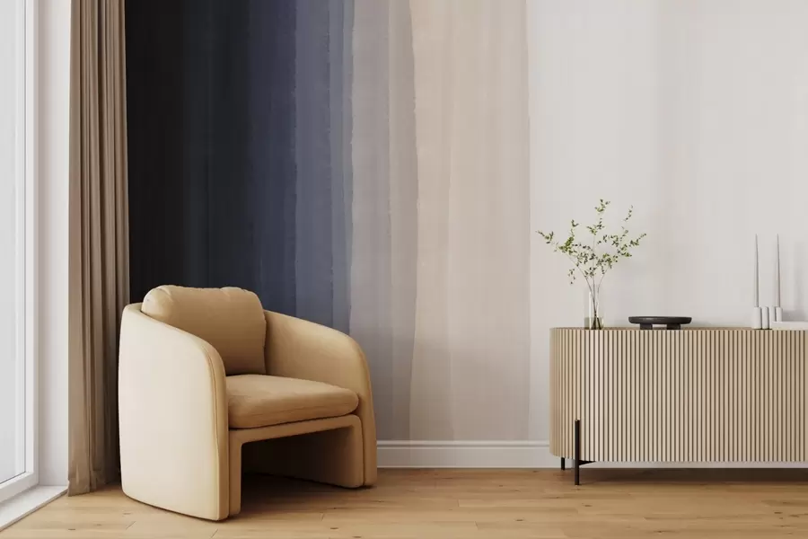 fototapeter Abstrakt, minimalistisk gradienttrykk med vertikale striper i mørkeblått, lys fersken og hvitt  w08915v1
