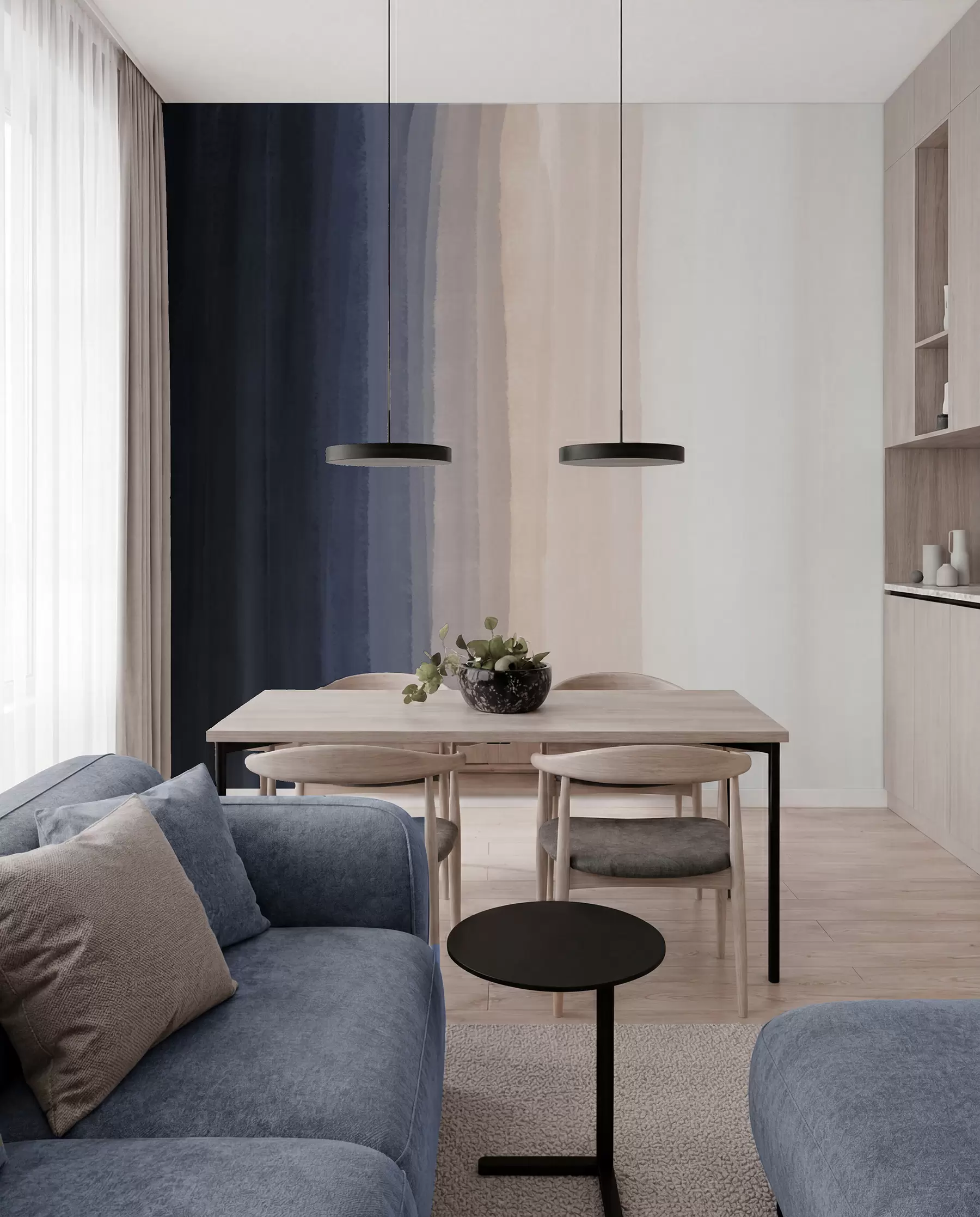 fototapeter Abstrakt, minimalistisk gradienttrykk med vertikale striper i mørkeblått, lys fersken og hvitt  w08915v1
