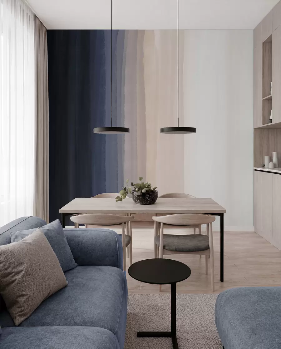 fototapeter Abstrakt, minimalistisk gradienttrykk med vertikale striper i mørkeblått, lys fersken og hvitt  w08915v1