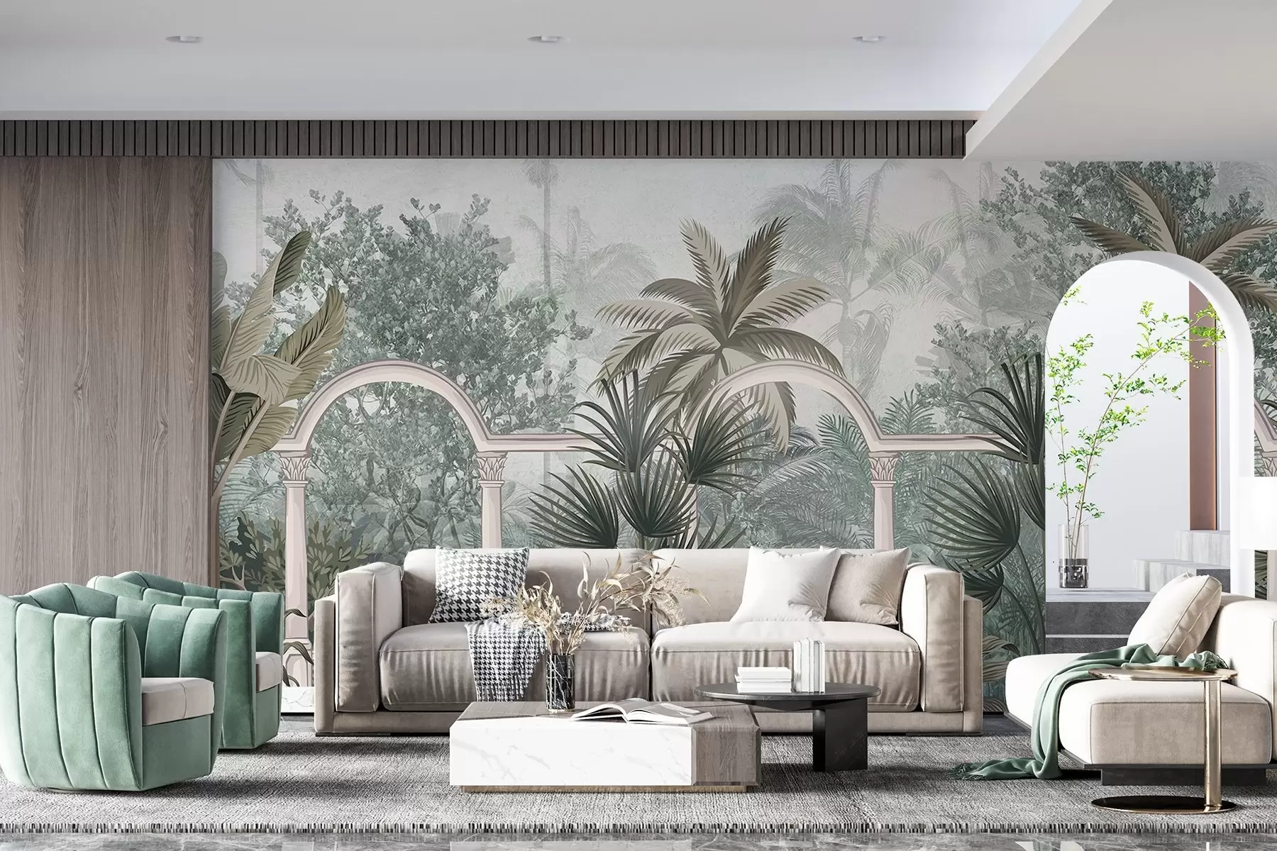 fototapeter Tropisk hage med palmer og frodig vegetasjon, balustrade med buer, duse farger, vintage-stil w08916