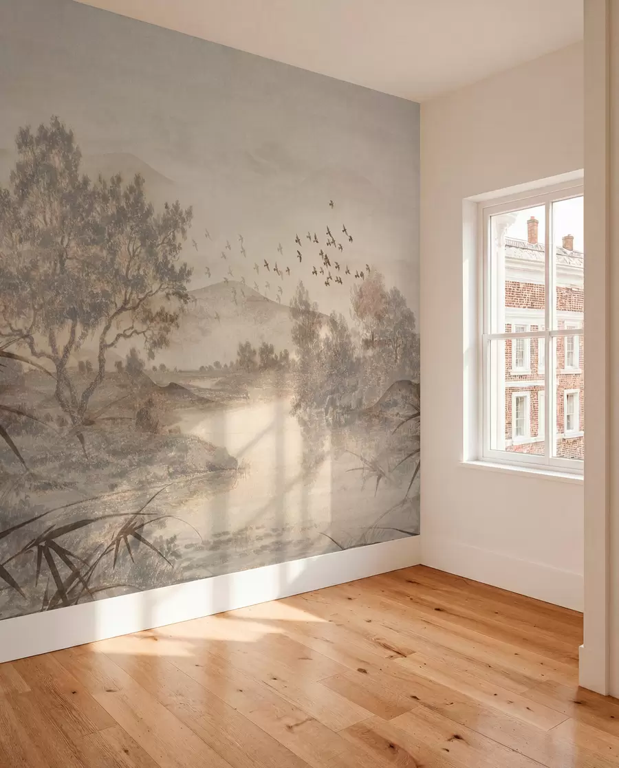 fototapeter Teksturert vintagelandskap med et tre nær en elv og en overskyet himmel, naturkunst i sepiatoner w08920