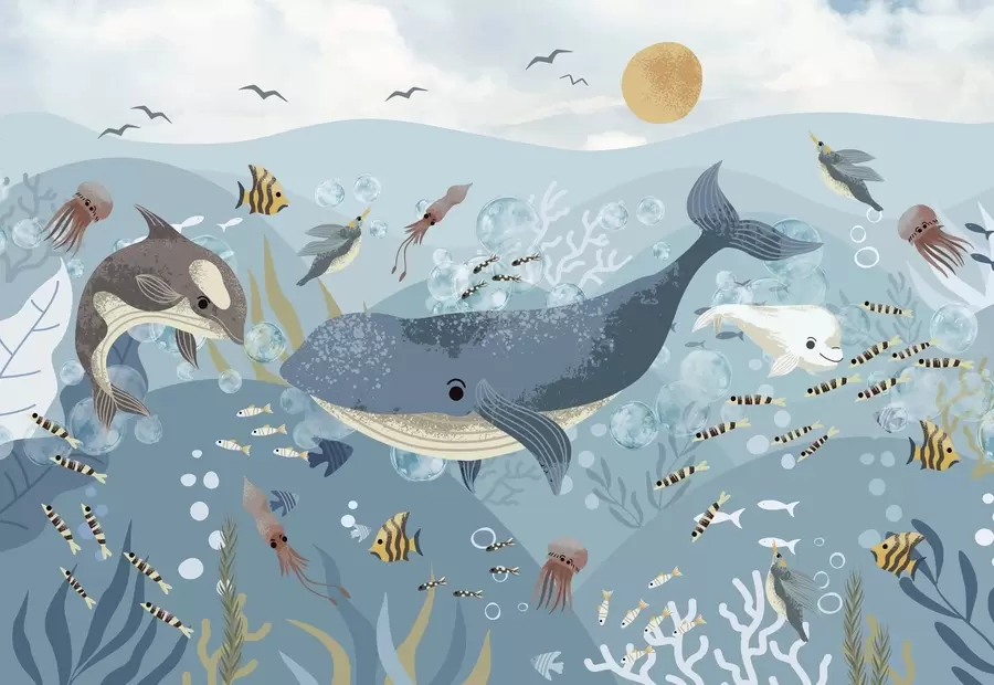 fototapeter Søt barneillustrasjon med blåhval omgitt av fisk, blekksprut og maneter i et blått hav med bobler w08921