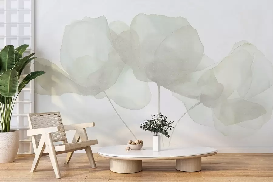 fototapeter Vakre blomster, myke pasteller, minimalisme, naturlig, rustikk, beige og grønt w03407