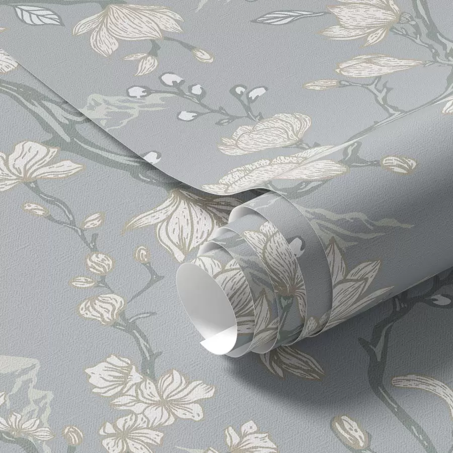 fototapeter Hvite blomster på grener og fjell på blå bakgrunn a00021