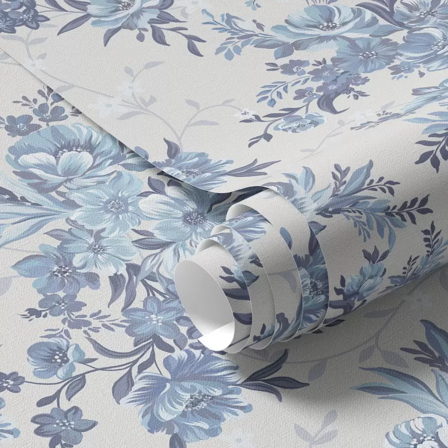 fototapeter Delikate blomster og blader i blå og blå farger på en lys bakgrunn a00027