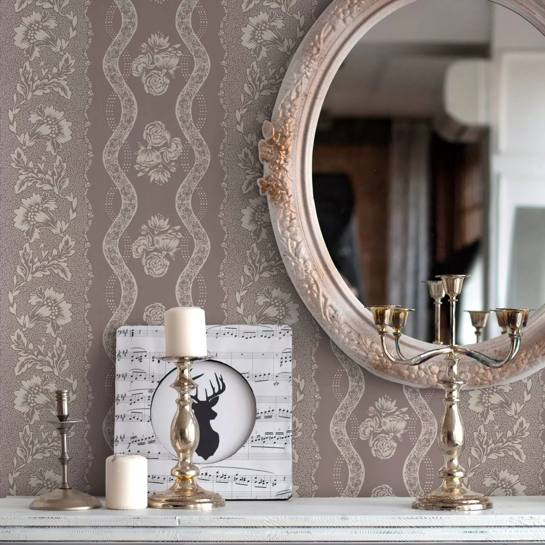 fototapeter Mildt geometrisk ornament med blomster og buede linjer a00033