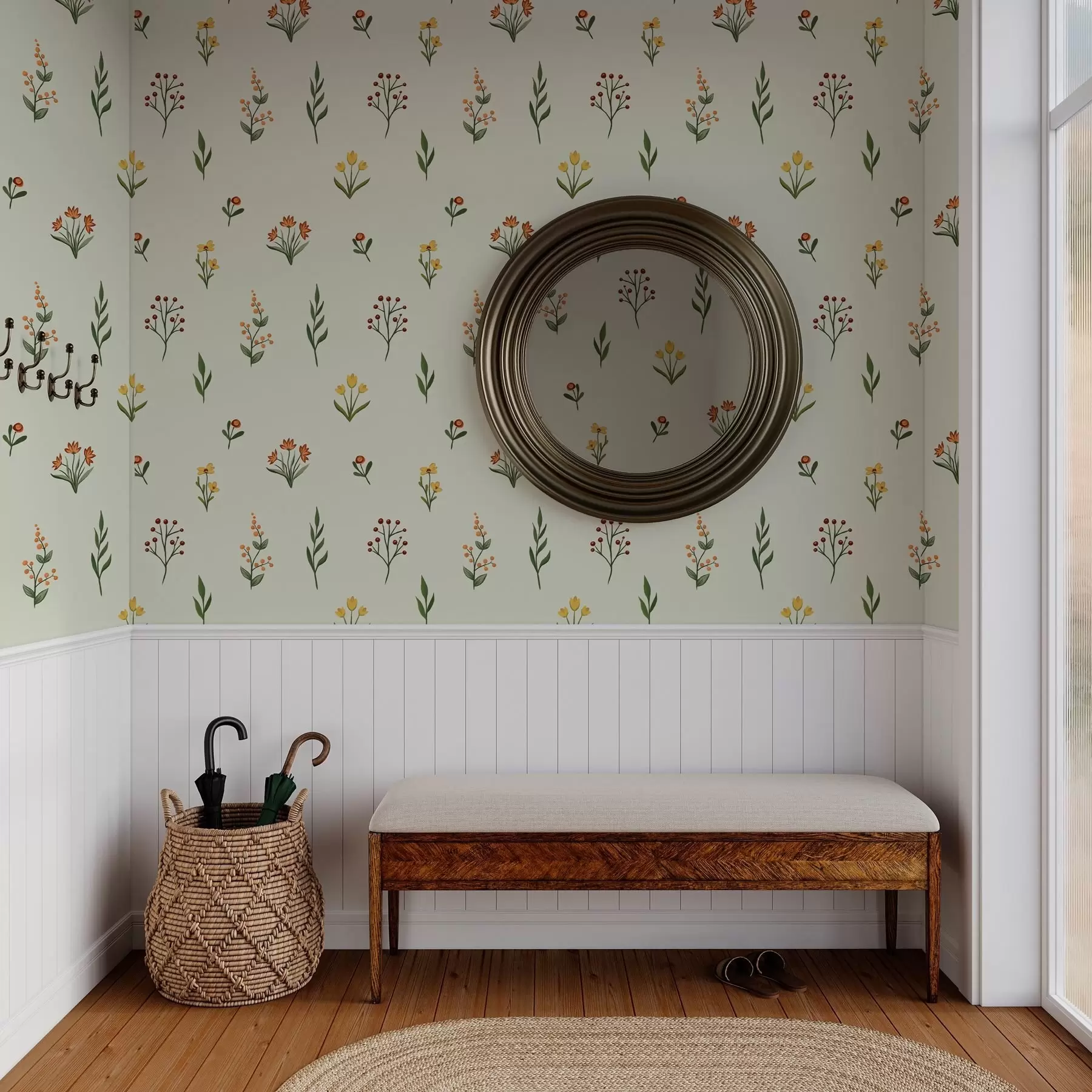 fototapeter Minimalistiske blomster på lysegrønn bakgrunn a00037