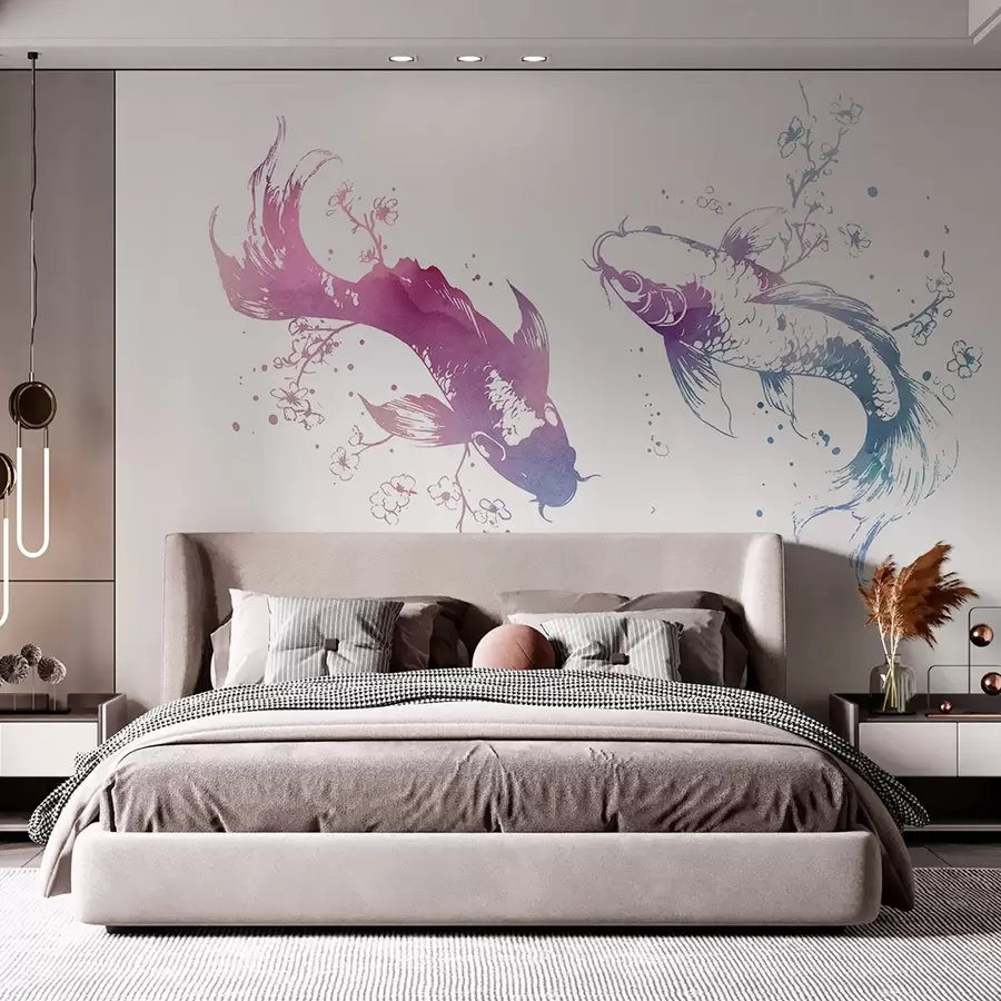 fototapeter Akvarellfisk, orientalsk stil, kirsebærtre, blå og lilla w03447