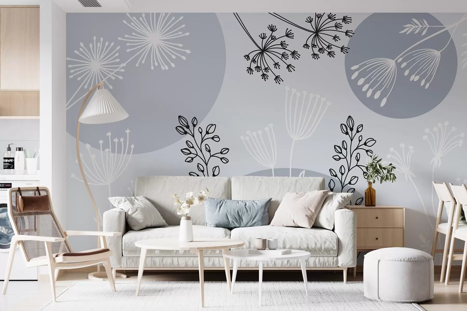 fototapeter Abstraksjon med sirkler og planter i blå toner w03483v2