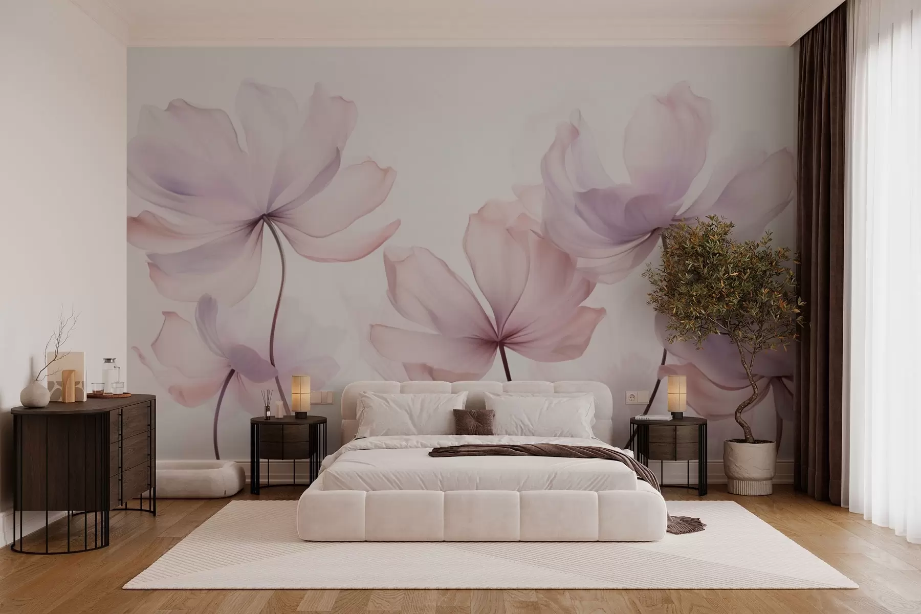 fototapeter Blomstrende blomster i duse rosa toner w03521
