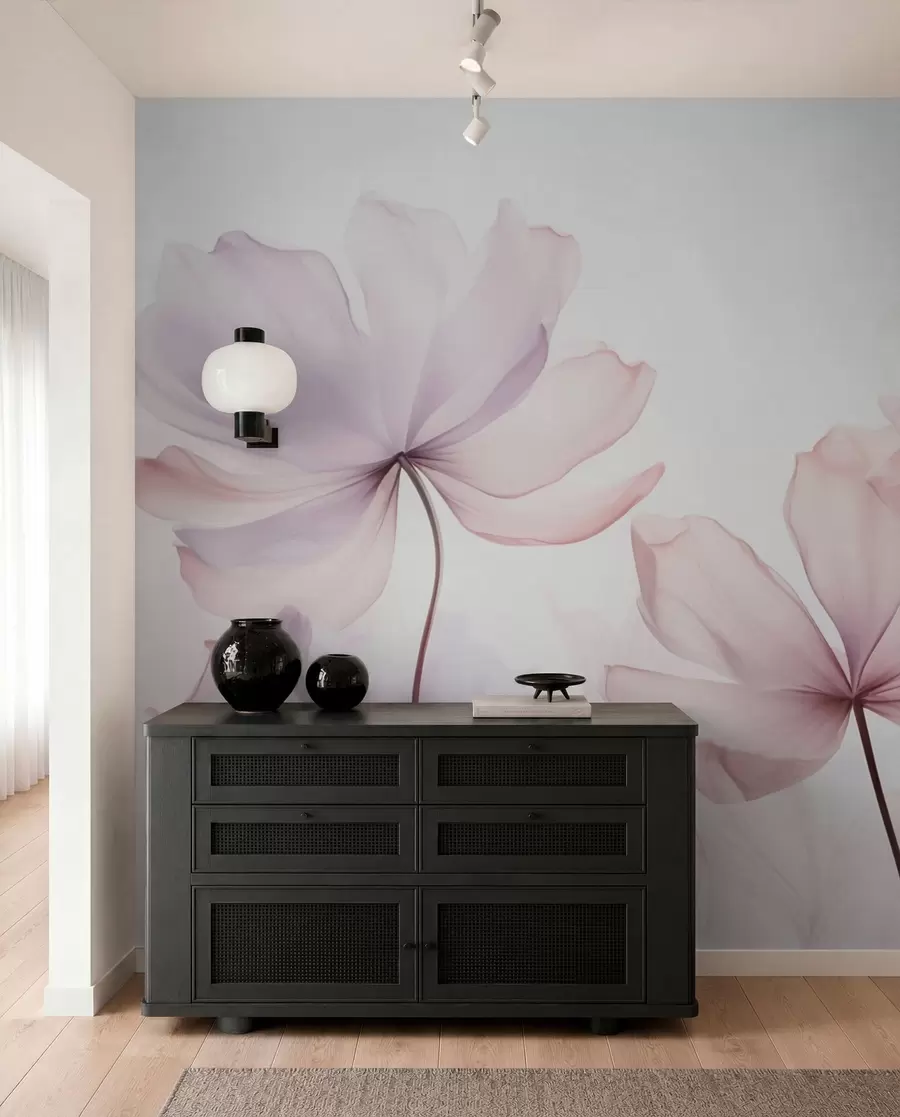 fototapeter Blomstrende blomster i duse rosa toner w03521