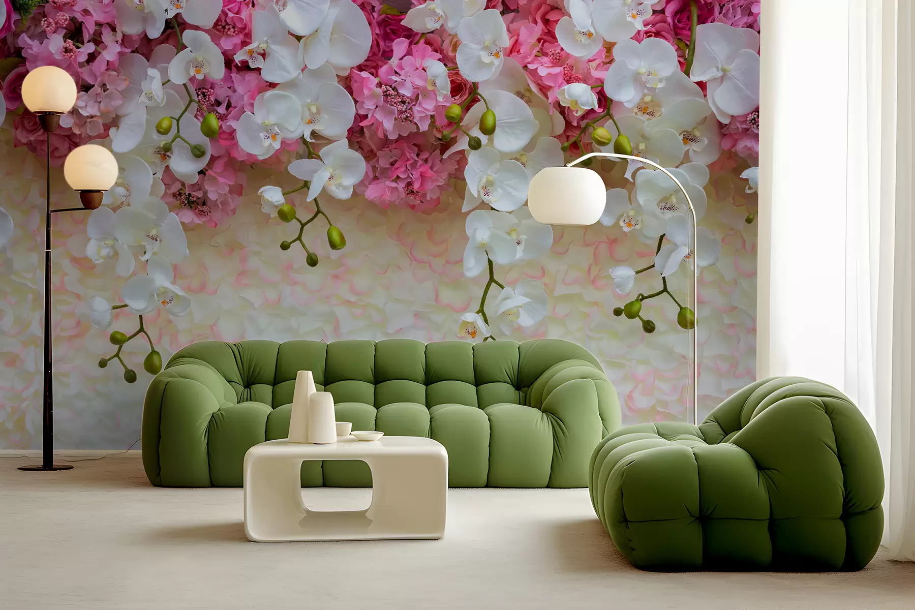 fototapeter Rosa og hvite blomster på kronbladene u57056