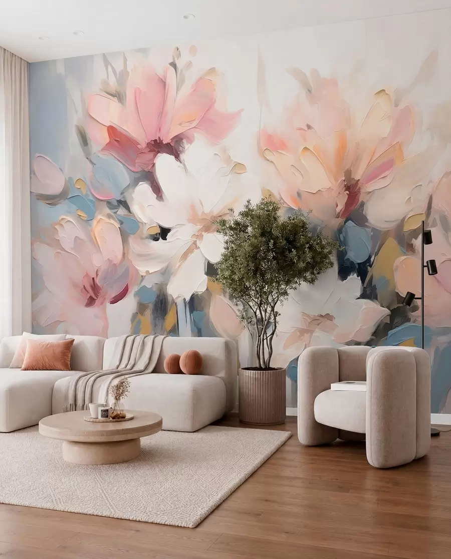 fototapeter Abstrakte blomster i oljemaleristil i myke toner w03575