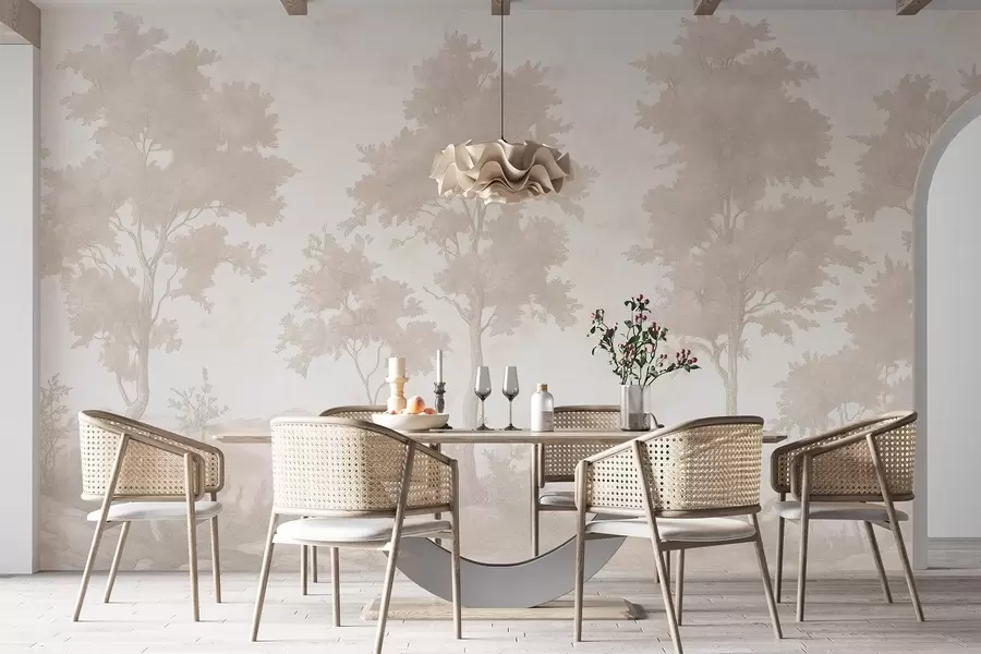 fototapeter Trær på bakken, pastelltegning, beige farger, rustikk w03550