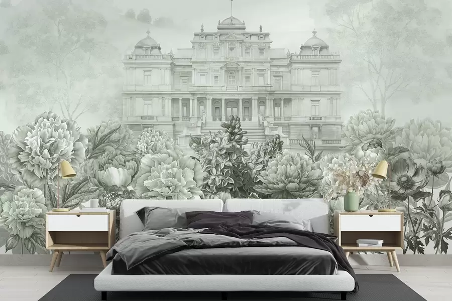 fototapeter Kongelig palass med pionhage, akvarellstil, natur, grønne farger, boho w03552v2