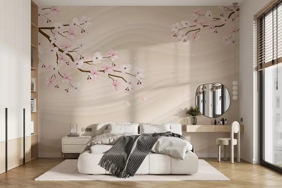 fototapeter Sakura-grener på en bølgende sandbakgrunn w08959