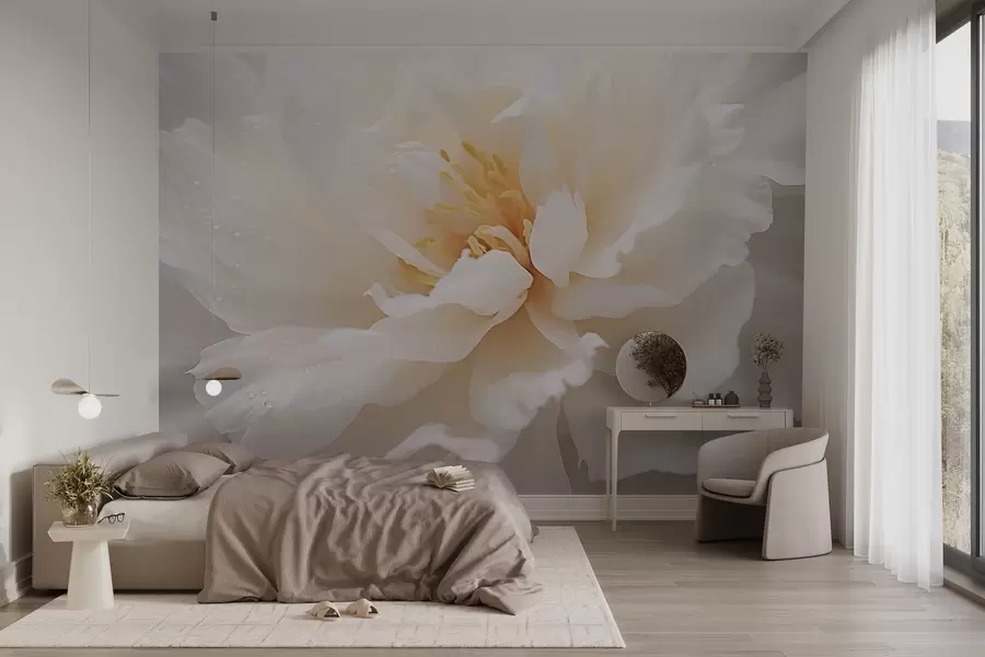fototapeter Blomstrende pionblomst med duggdråper w03602