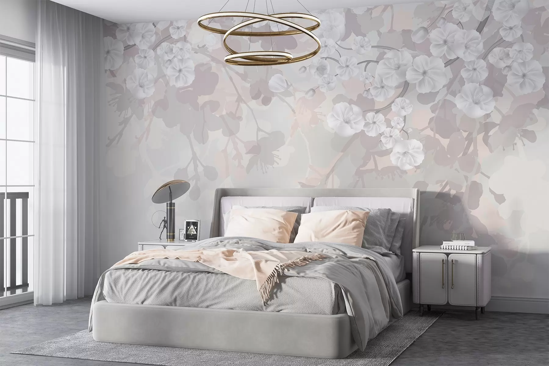 fototapeter Kirsebærgrener med hvite blomster og grå blader, på elegante blomstersilhuetter i duse pastellfarger w08973v1