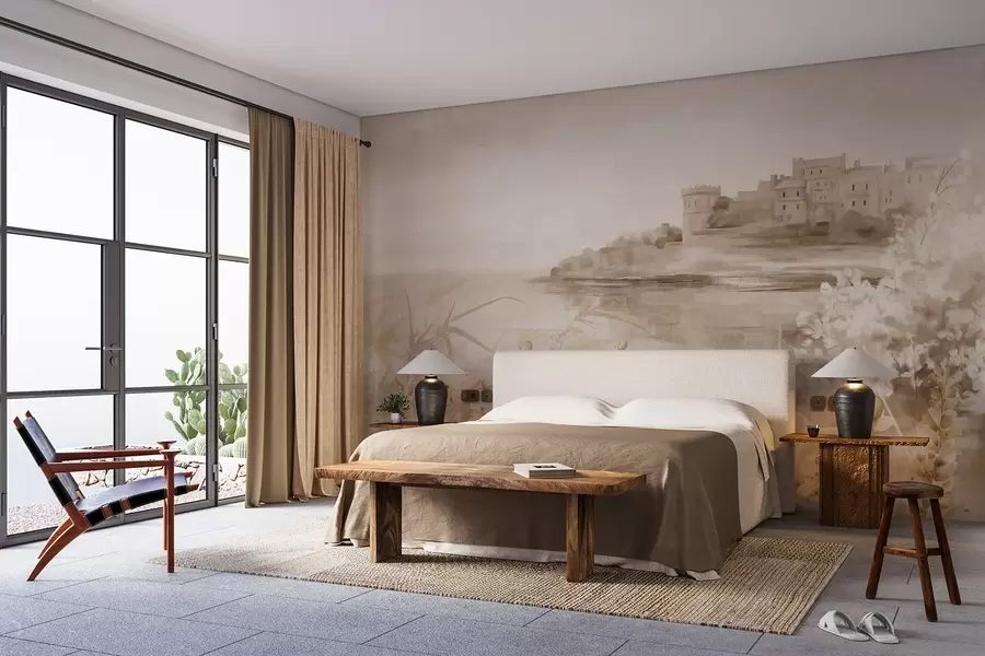 fototapeter Teksturert vintagelandskap med et slott på en klippe med utsikt over havet, med lavendelblomster i dempede farger w08975v1