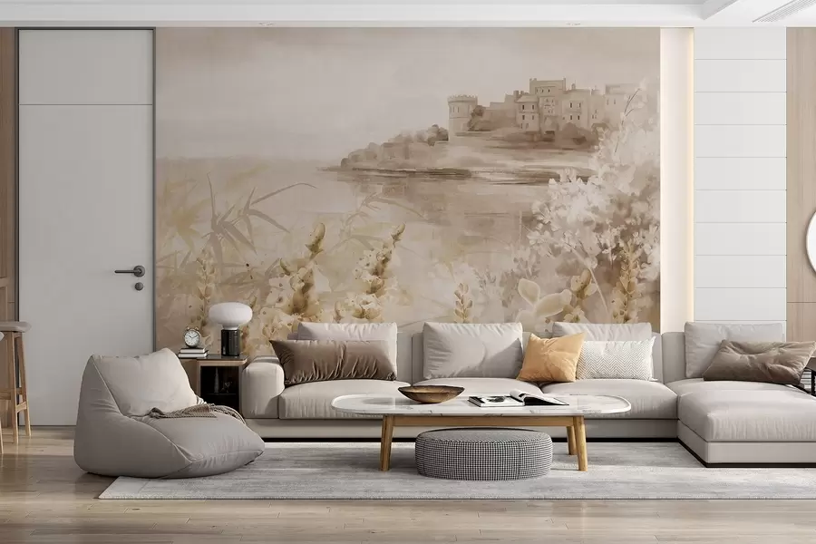 fototapeter Teksturert vintagelandskap med et slott på en klippe med utsikt over havet, med lavendelblomster i dempede farger w08975v1