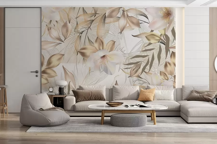 fototapeter Jasminblomster og -blader, myke farger, botanisk illustrasjon, blomsterbakgrunn, elegant design, delikate kronblader w08977