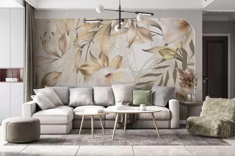 fototapeter Jasminblomster og -blader, myke farger, botanisk illustrasjon, blomsterbakgrunn, elegant design, delikate kronblader w08977