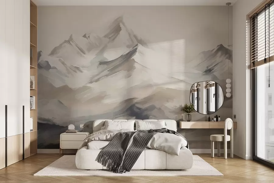 fototapeter Fjellandskap med lys himmel, penselstrøk, nøytrale beige og grå farger, fjellkjede  w08980