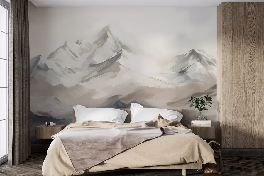 fototapeter Fjellandskap med lys himmel, penselstrøk, nøytrale beige og grå farger, fjellkjede  w08980