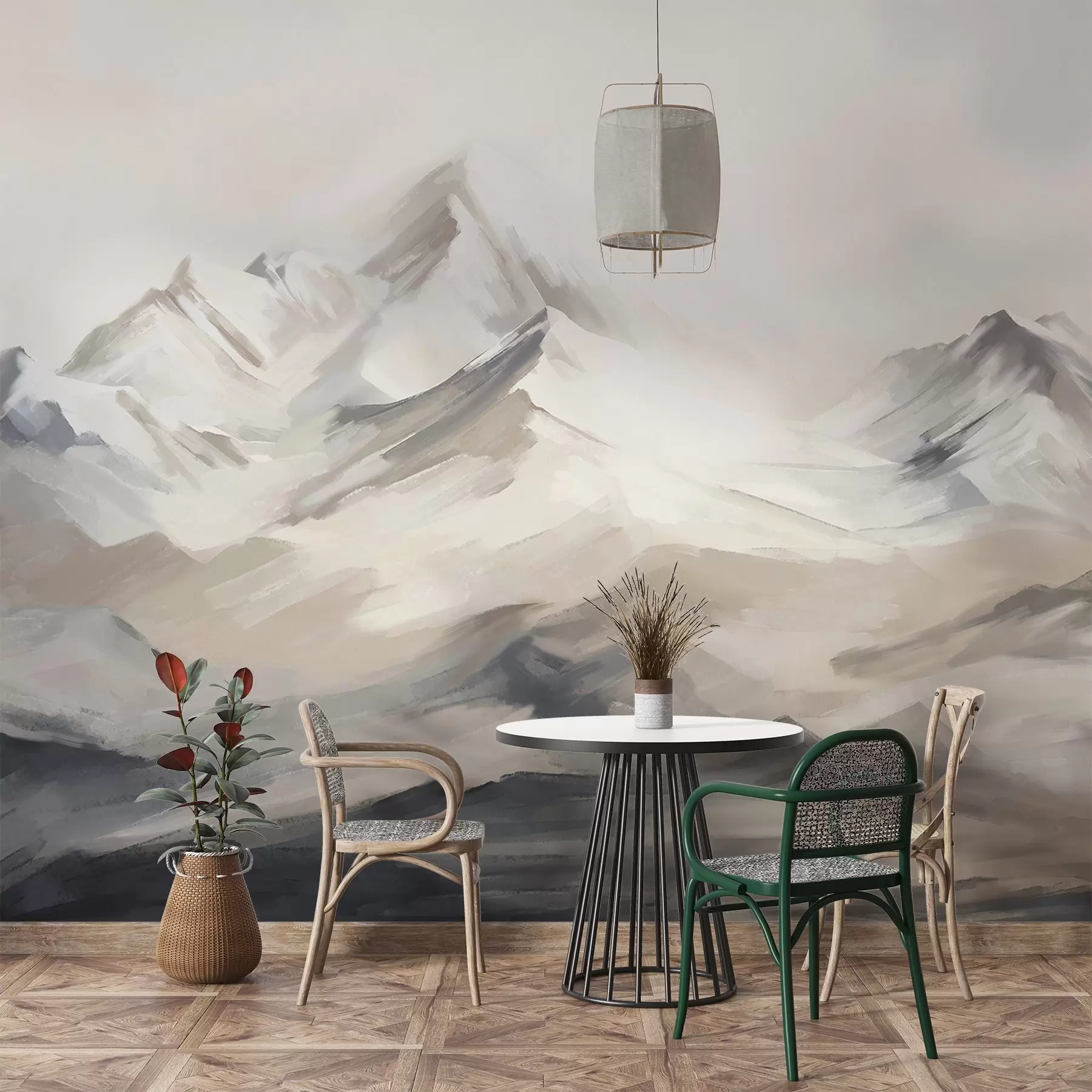 fototapeter Fjellandskap med lys himmel, penselstrøk, nøytrale beige og grå farger, fjellkjede  w08980